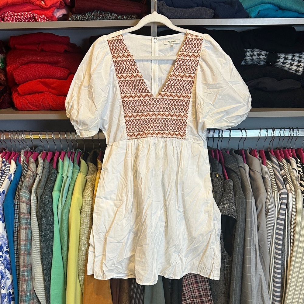 Madewell white/brown embroidered v neck 2 pocket short dolman sleeve dress XS